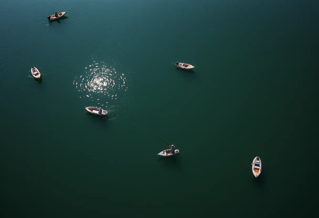 Vue aérienne d'un lac avec des canoës pneumatiques et un pêcheur lançant sa ligne