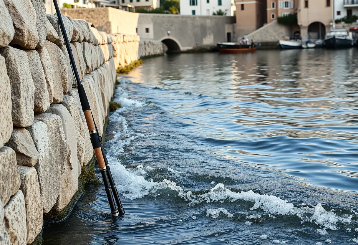 Deux cannes de pêche posées contre un mur de pierres près d'un port méditerranéen
