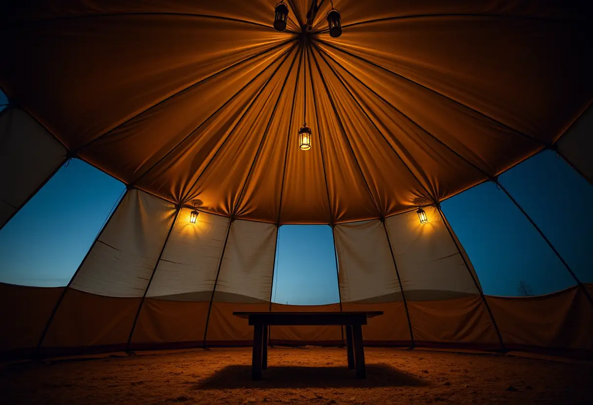 Une petite table en bois dans un biwy spacieux sous le ciel nocturne éclairé par des lanternes. Article sur le biwy de pêche nocturne.
