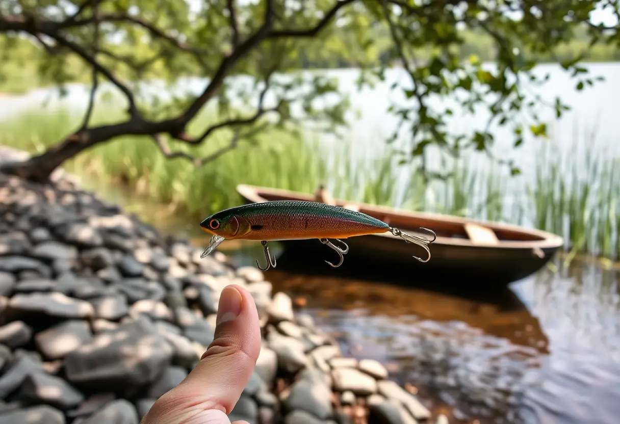 Une main tient une mouche synthétique près d'être lancée dans une rivière