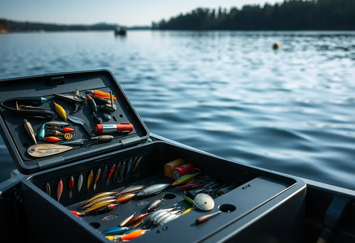 De loin, on voit le bateau d'un pêcheur sur un lac calme, la boîte à leurres ouverte révélant divers leurres et outils.