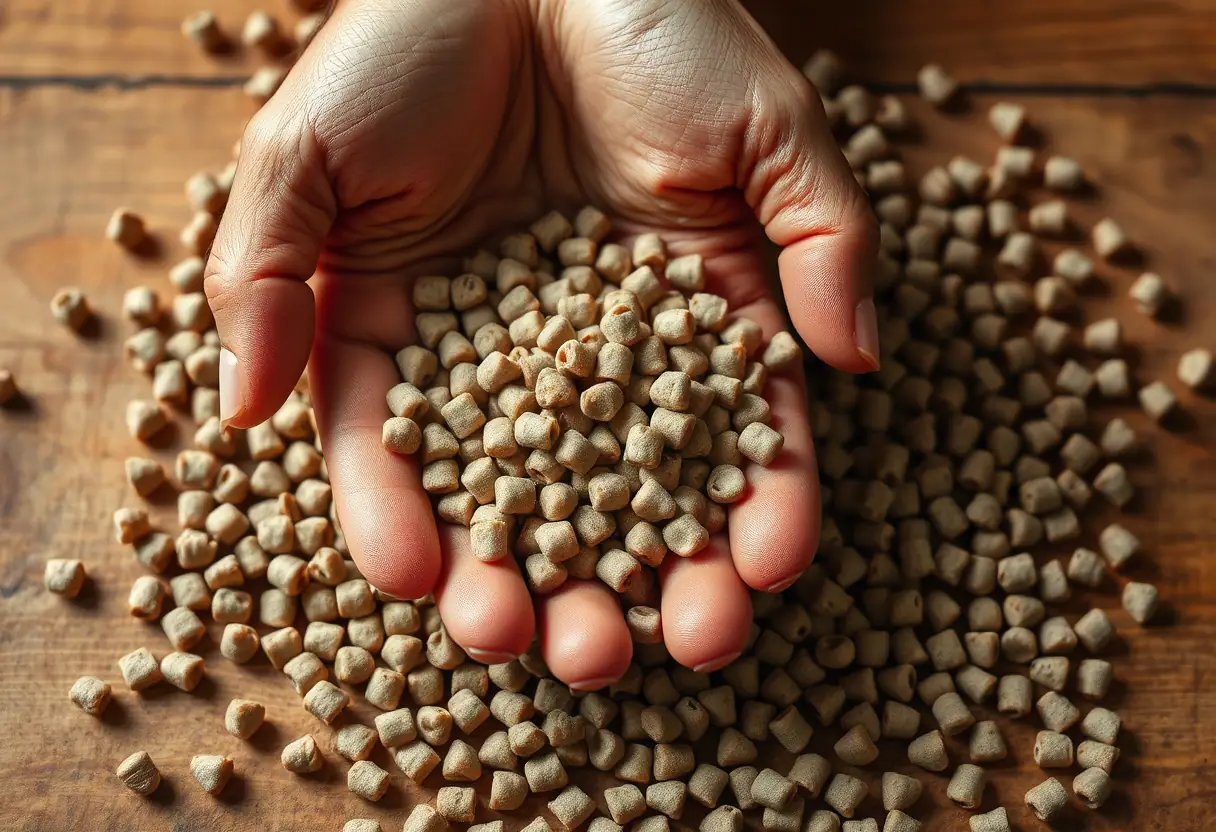 Une main tenant des granules pour carpe sur une table en bois éclairée doucement