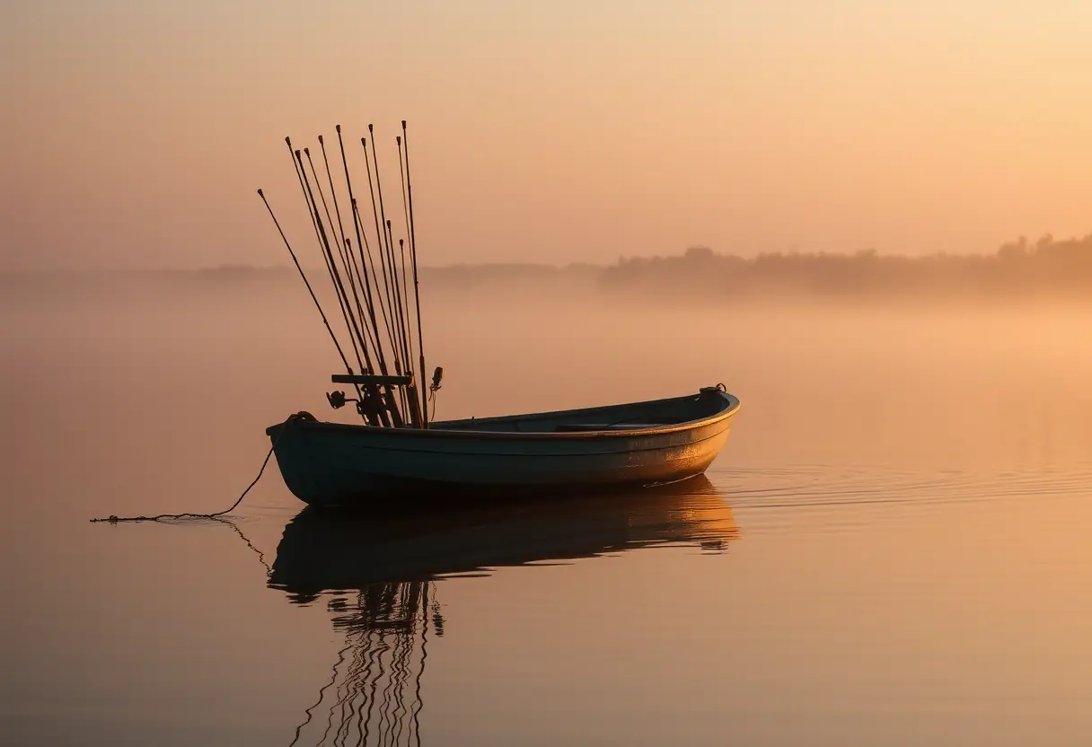 Un bateau de pêche sur un lac calme au lever du soleil avec plusieurs cannes anglaises
