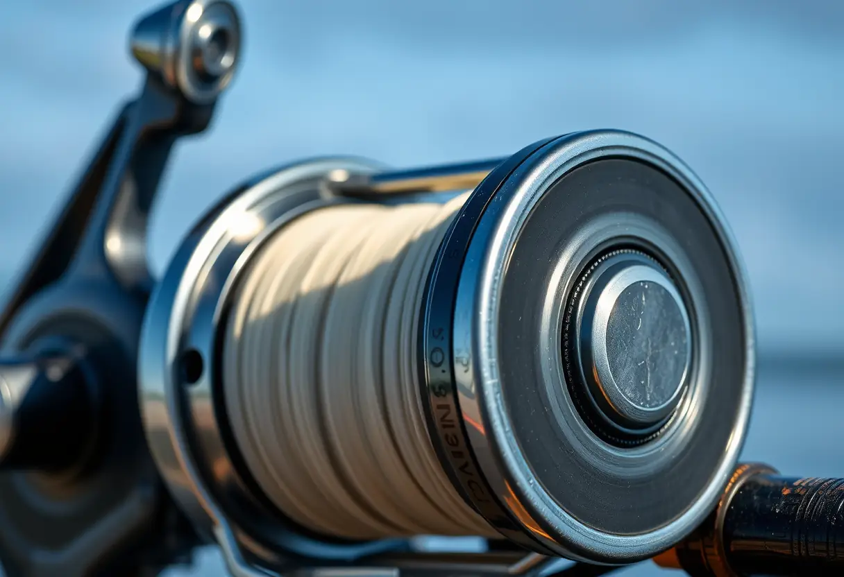 Un moulinet de pêche sur une canne en carbone