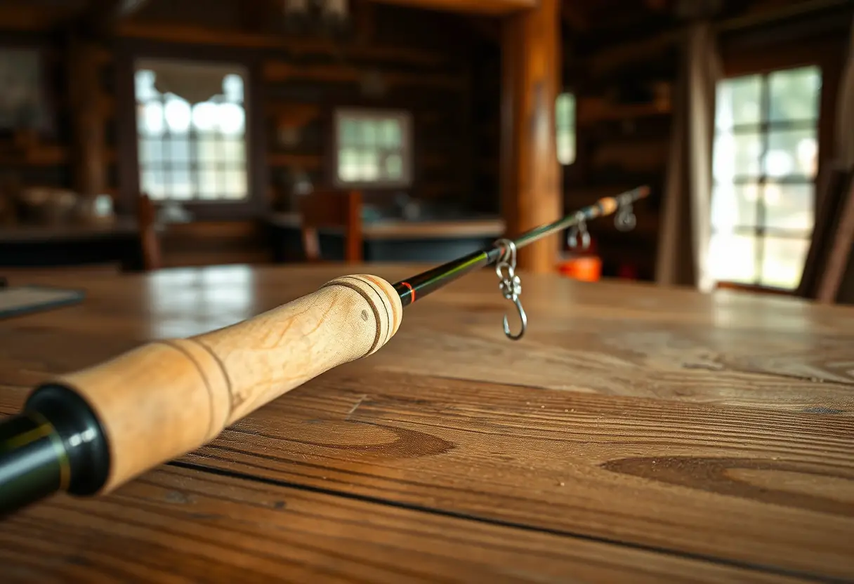 Un manche de canne à pêche posé sur une table dans une cabane rustique, prête à être utilisée pour la pêche aux carnassiers.