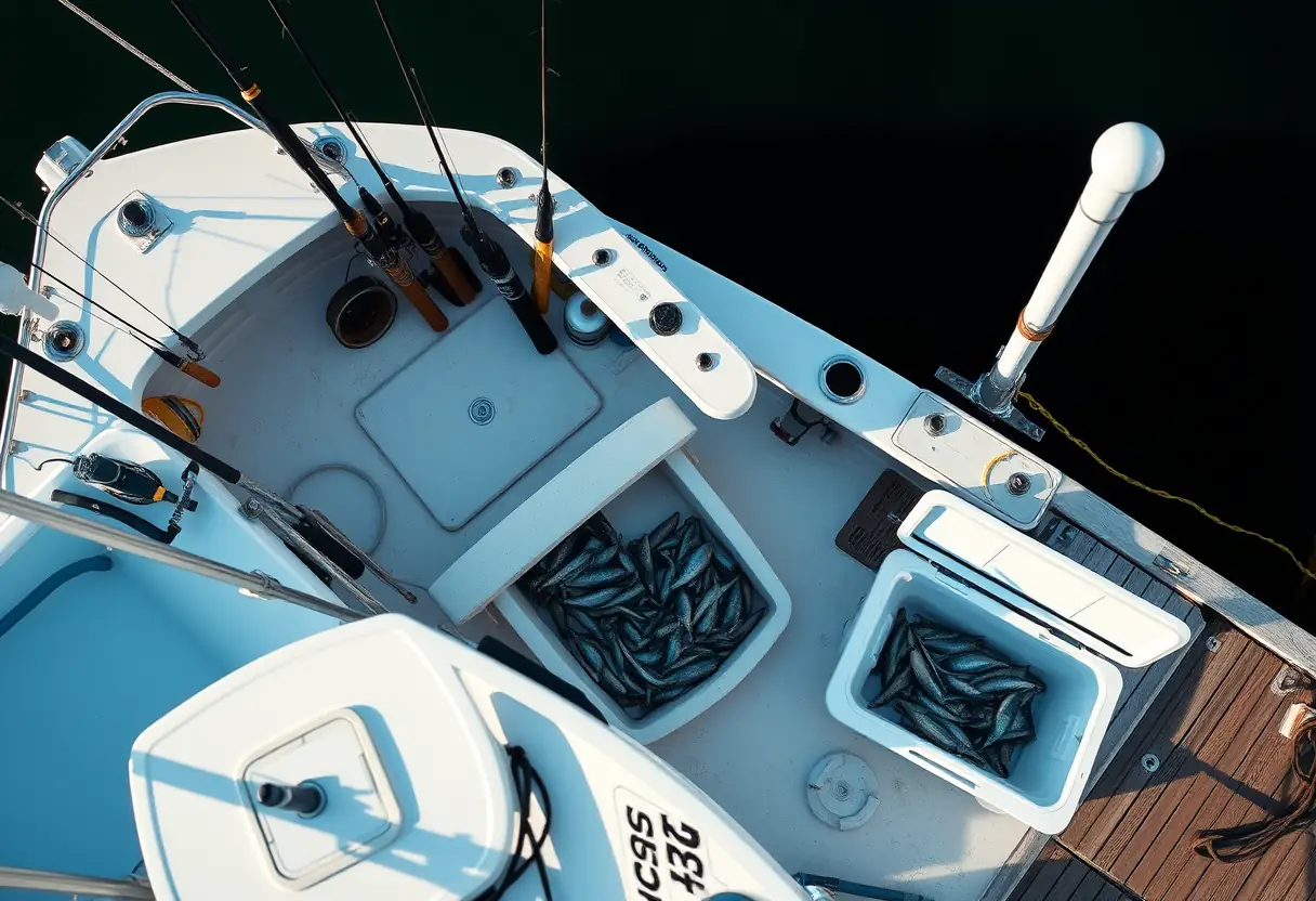 Un bateau de pêche amarré avec des cannes à pêche le long du basting