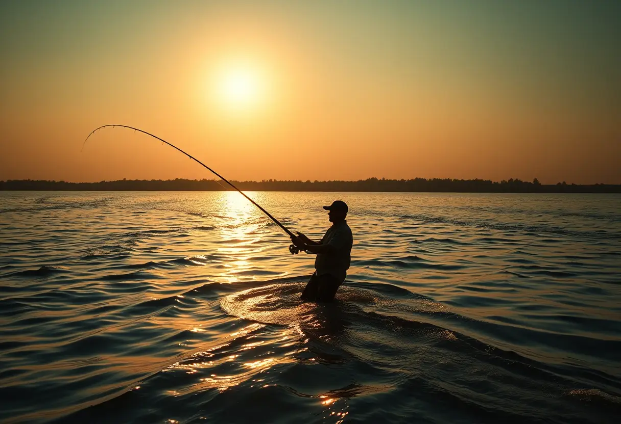 Un pêcheur lançant sa canne sur un fleuve sous le coucher du soleil.