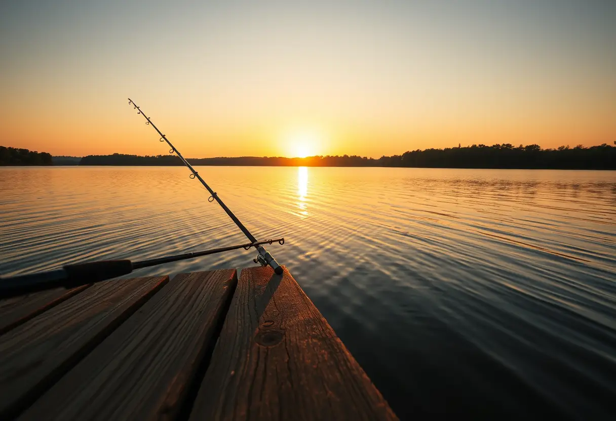 Un lever de soleil sur un lac tranquille, une canne à pêche posée près d’un quai en bois