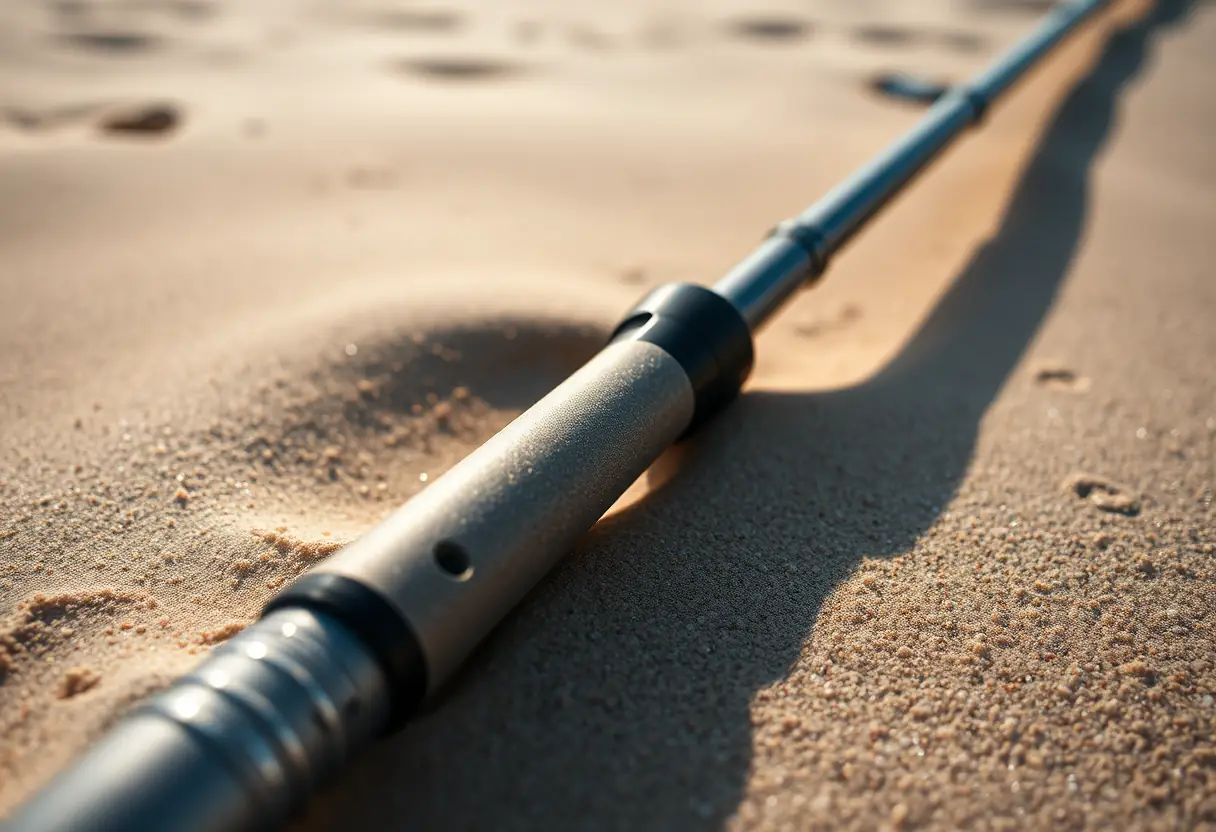 Une canne à pêche surfcasting posée sur le sable de la plage