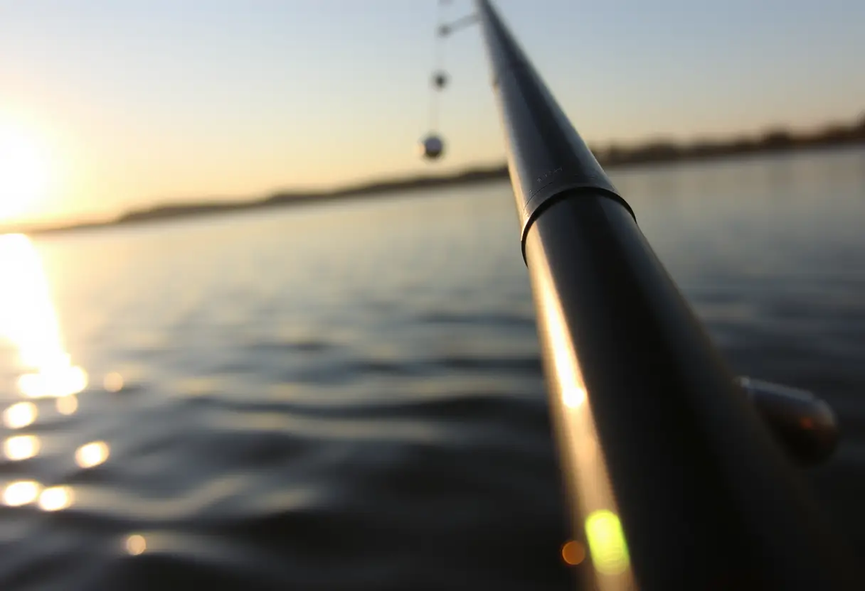 Un plan rapproché d’une canne à pêche en carbone reflétant la lumière du matin, au bord d’un lac calme.
