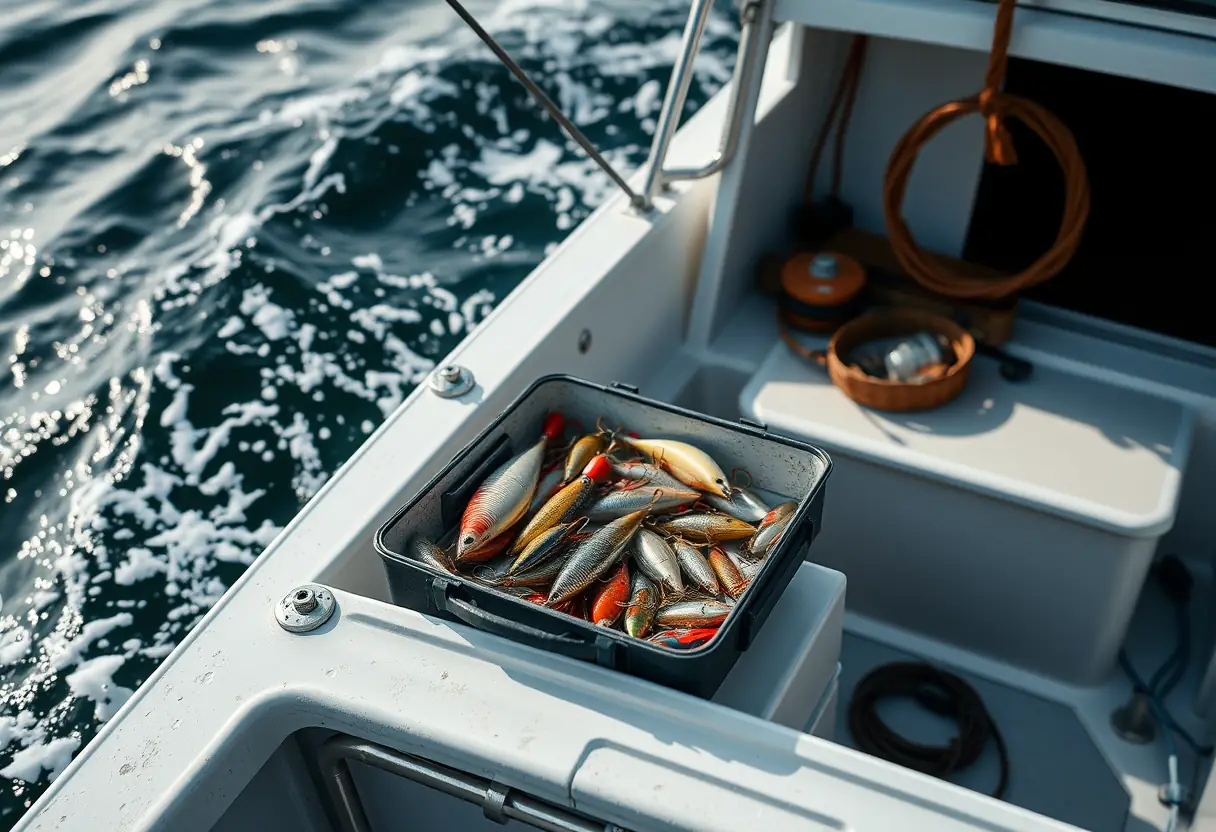 Une boîte à moulinets sur le pont d'un petit bateau de pêche