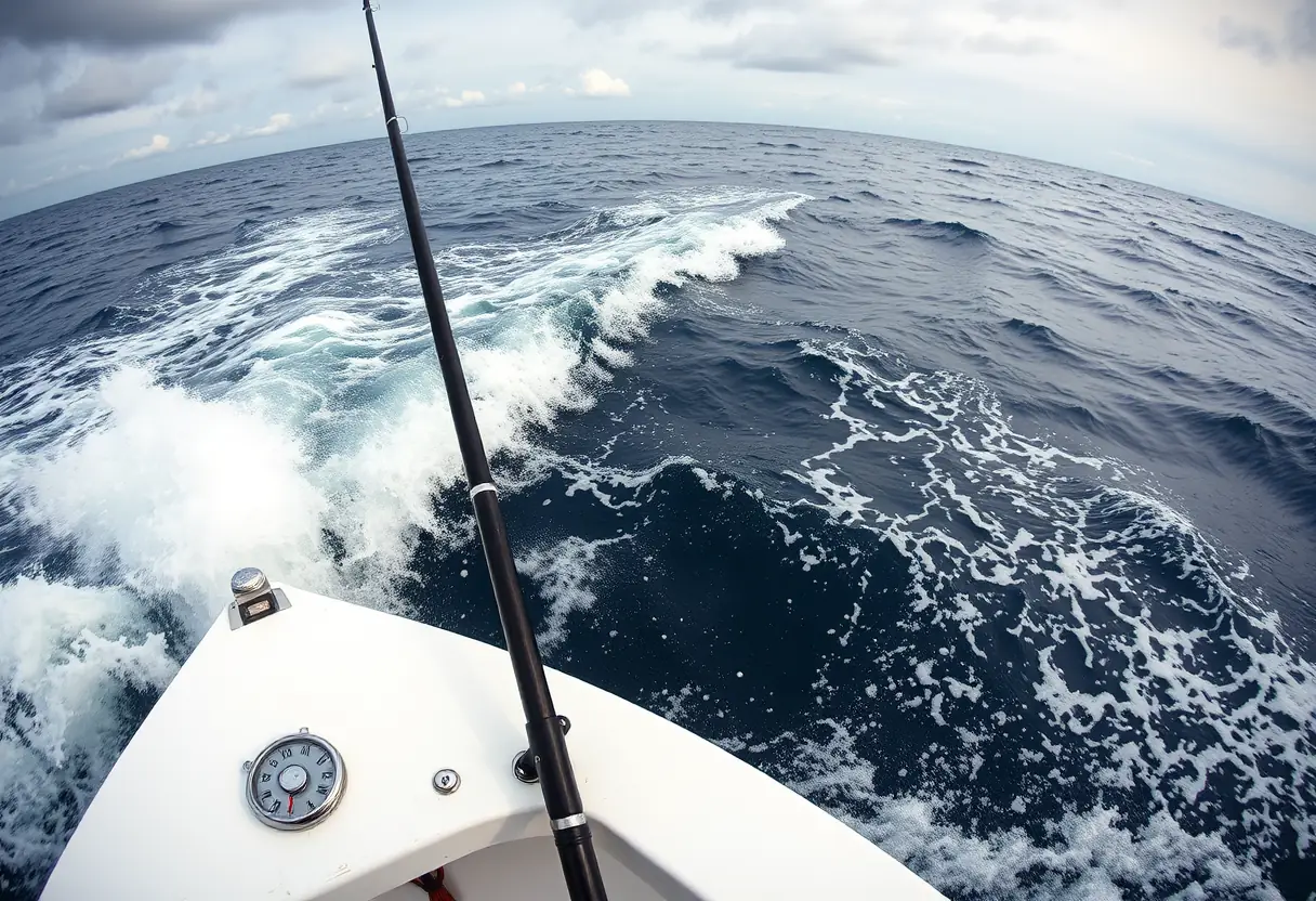 Une barque de pêche sur l'océan avec une ligne tendue vers un poisson combatif