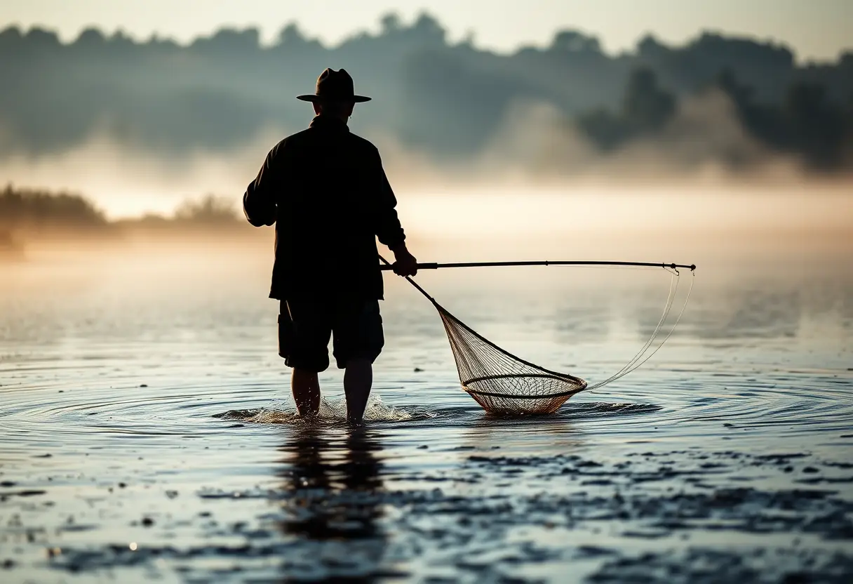 Le profil d'un pêcheur dans un petit ruisseau, cherchant un bon endroit pour pêcher