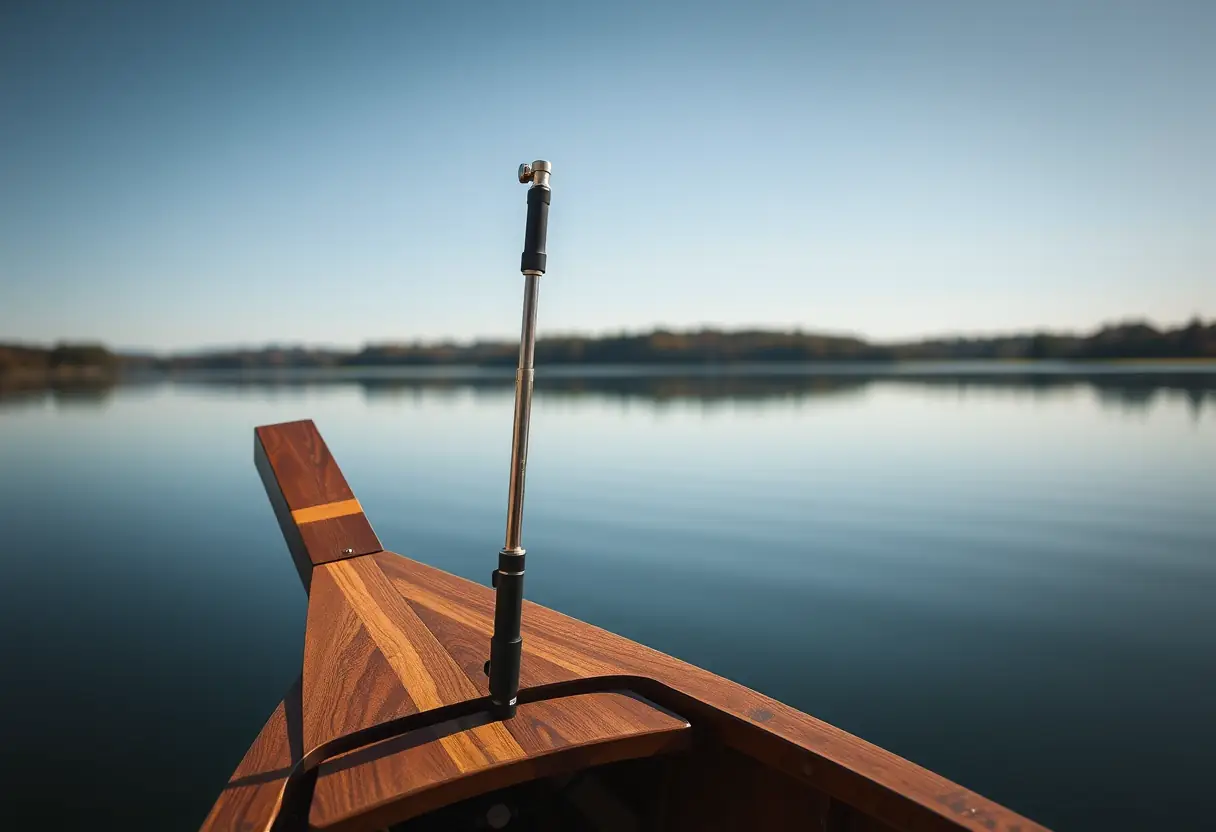 Une canne télescopique sur un bateau de pêche, reflétant dans les eaux calmes d'un lac