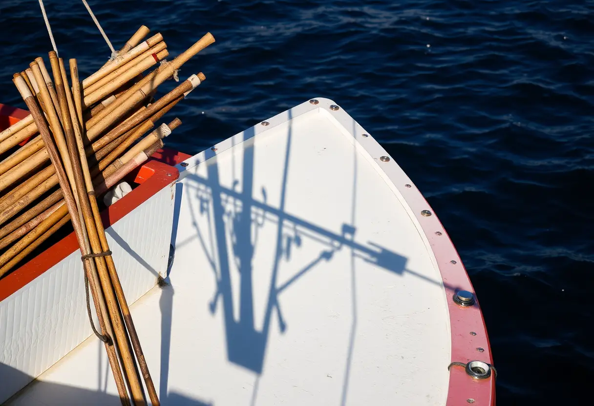 Un bateau de pêche qui projette son ombre sur l'eau méditerranéenne calme, avec une pile de cannes en bois adossées au pont