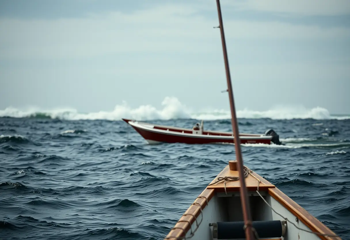 Un bateau en arrière-plan sur une mer agitée, sa canne à pêche prête, les vagues s'écrasant sur la plage