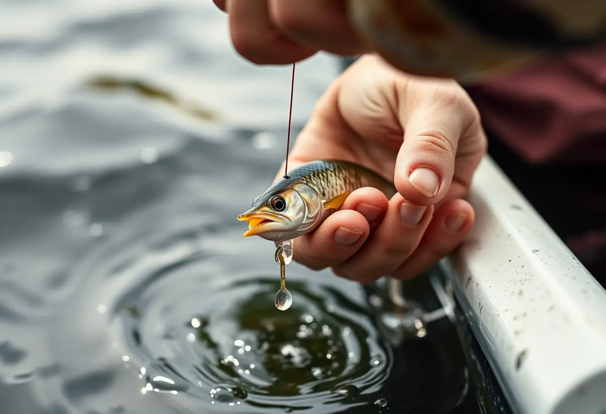 Une main qui jette une proie vivante dans l'eau, la main partiellement sous l'eau et couverte de gouttes d'eau.