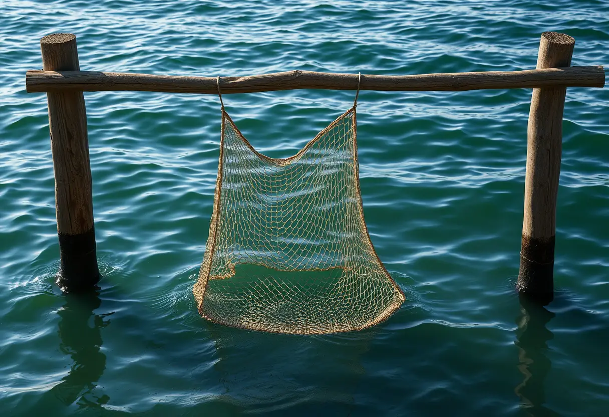 Un filet carré suspendu dans l'eau d'une côte