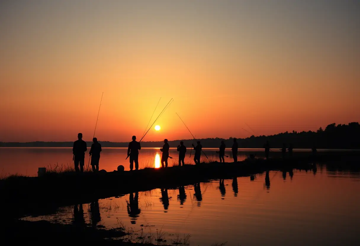 Des pêcheurs silhouettés au coucher du soleil sur un lac