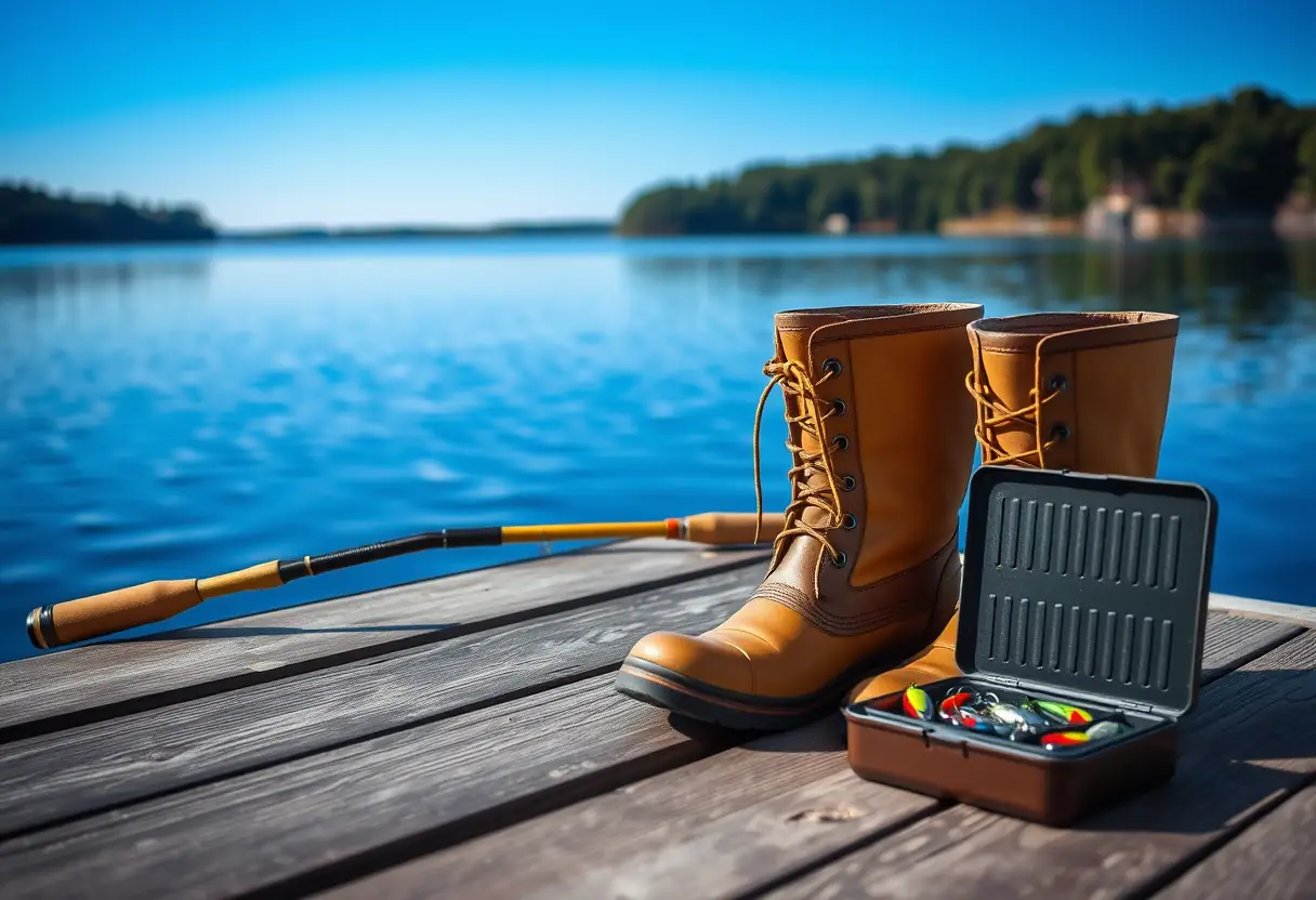 Des chaussures de pêche posées sur un quai de bois près d’un lac