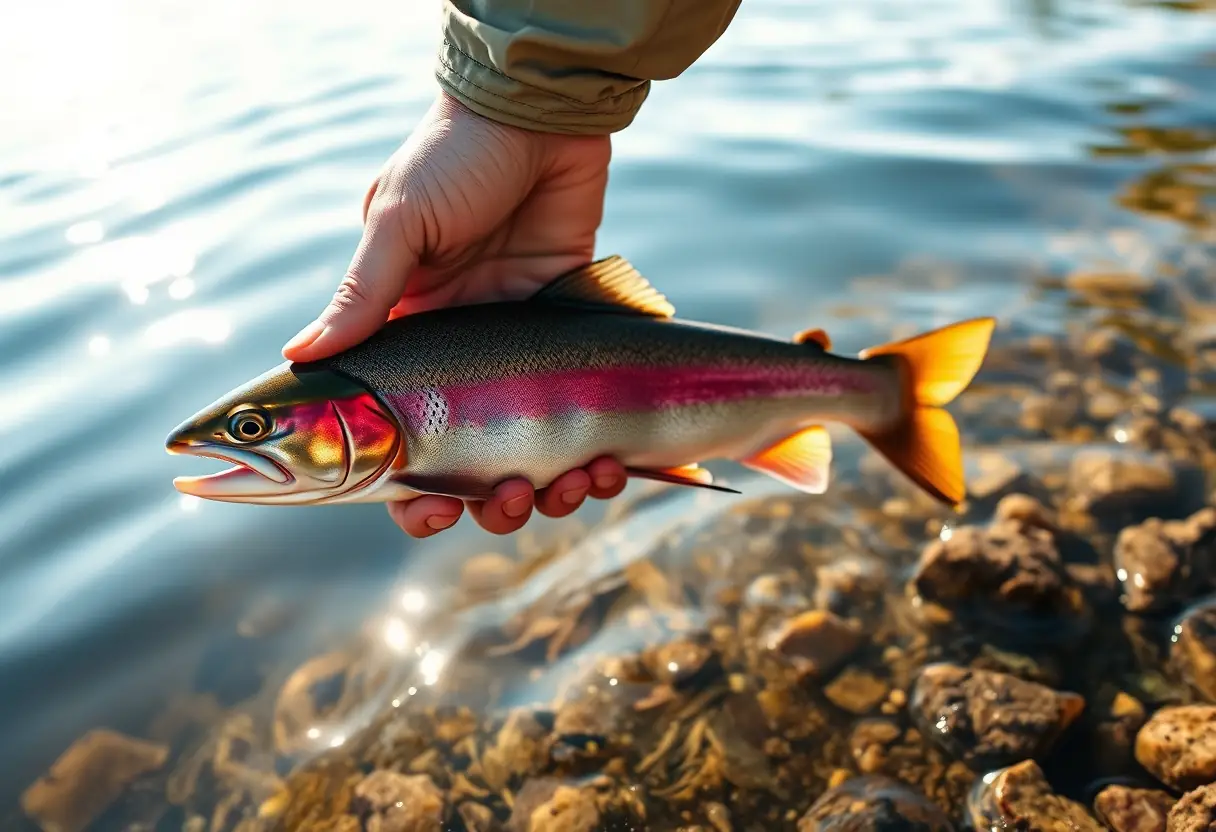 Main d'un pêcheur libérant doucement une truite arc-en-ciel dans un lac calme