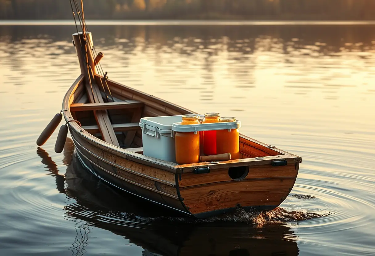 Un canot de pêche sur un lac avec des bocaux de confiture de pêches