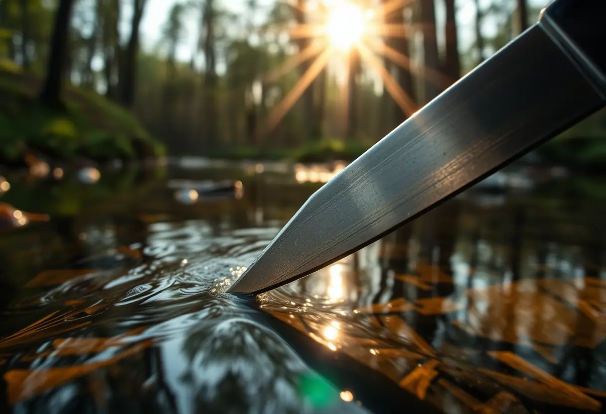 Un coupe-fil étincelant reflété dans une rivière claire entourée de bois dense