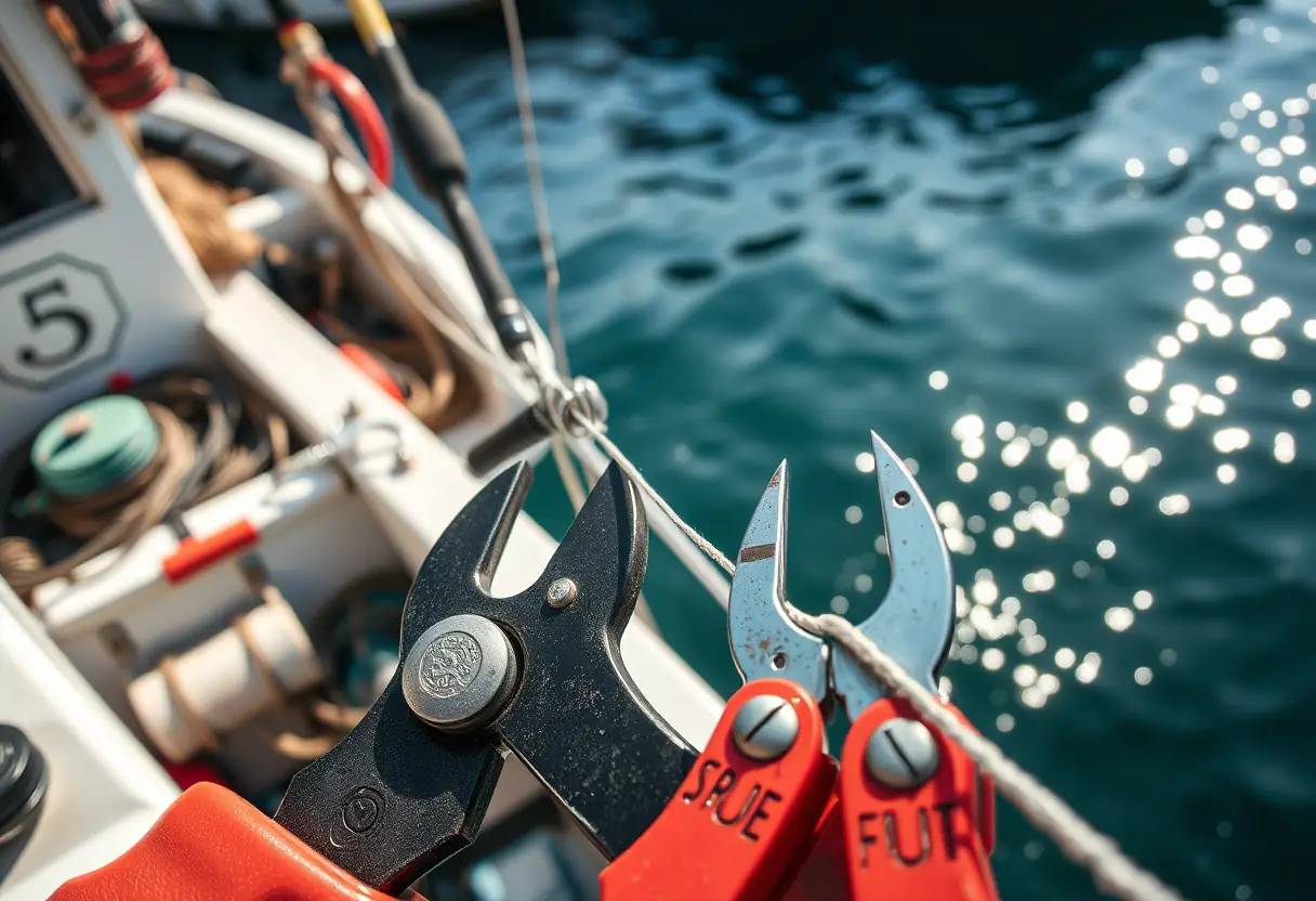 Un coupe-fil électrique tranchant une ligne de pêche sur le pont d'une barque chargée d'outils de pêche