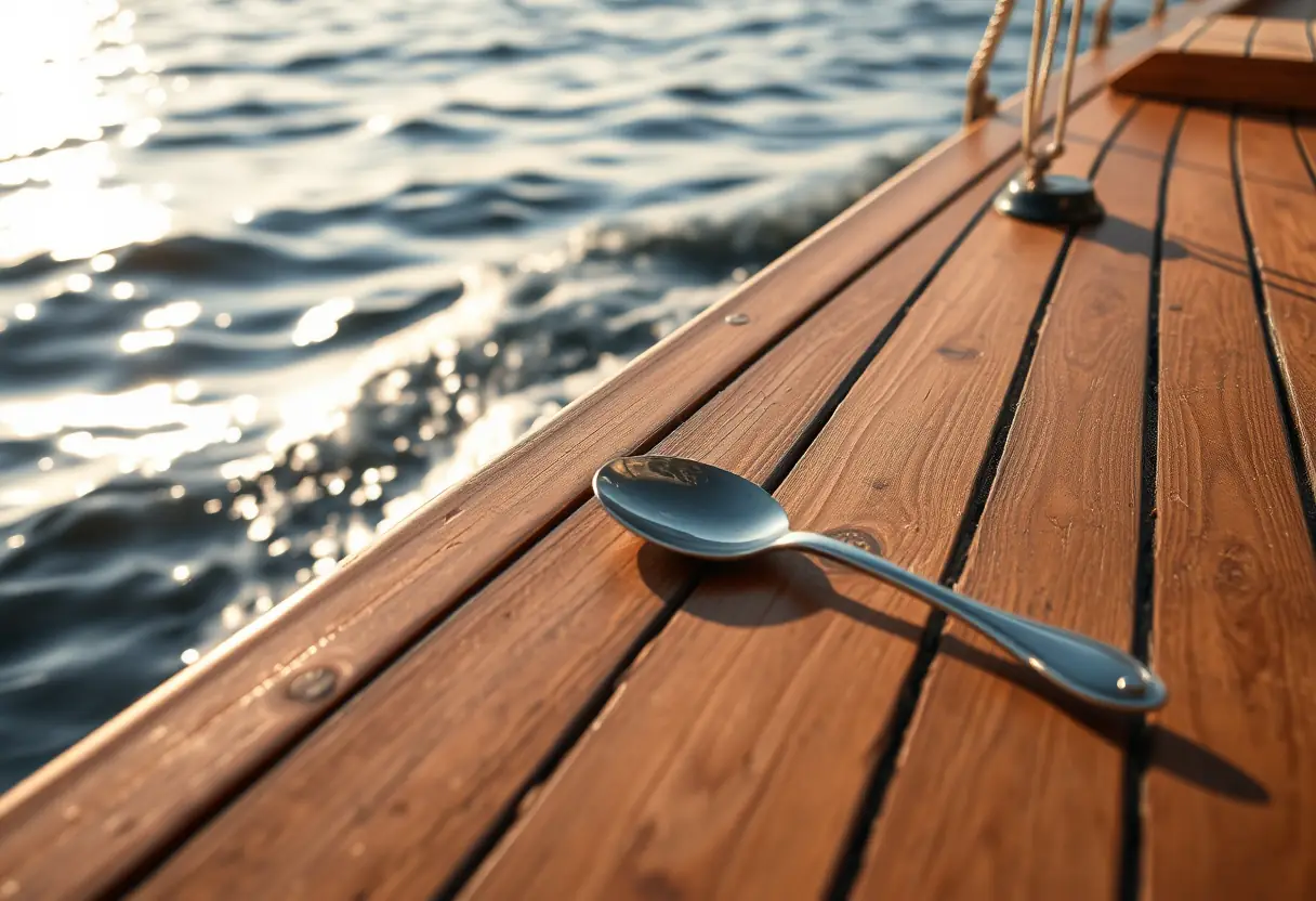 Une cuillère métallique repose sur le ponton d'un bateau en bois à la tombée de la nuit.