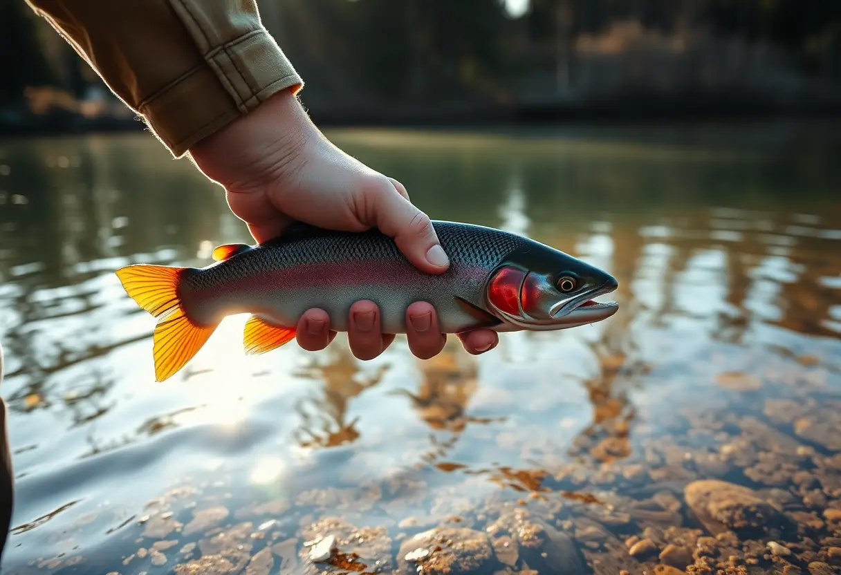 Main: Une main de pêcheur stabilise un brochet mouillé près d'un lac calme