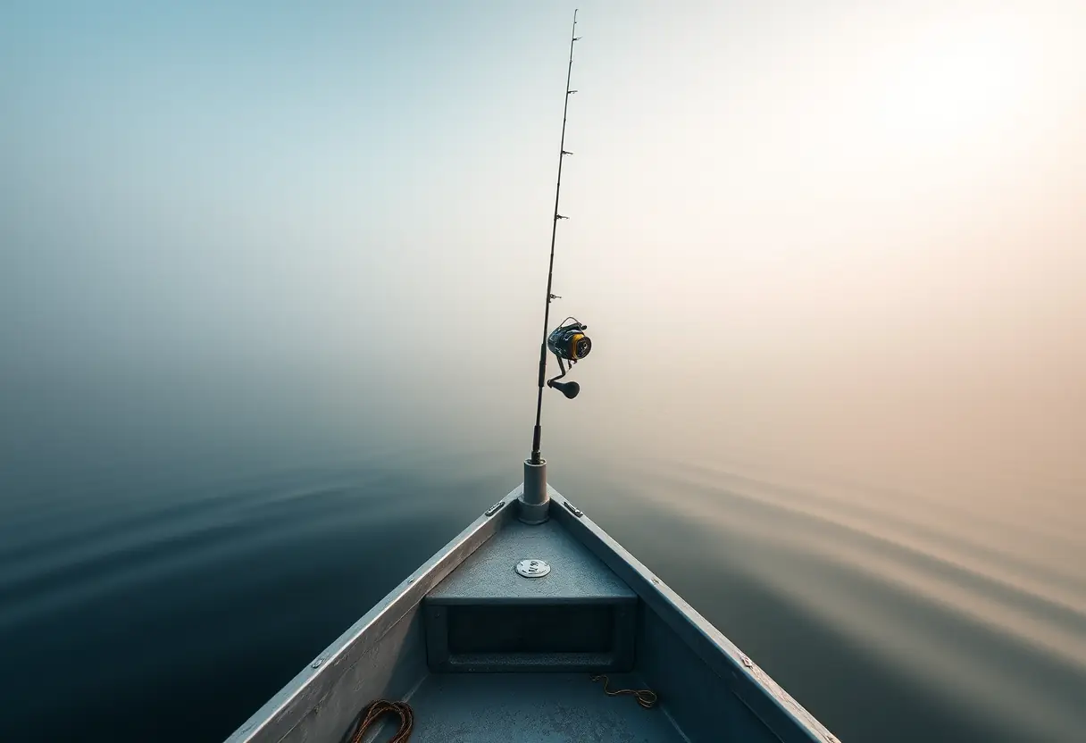 Une barque flottant sur un lac baigné de brume