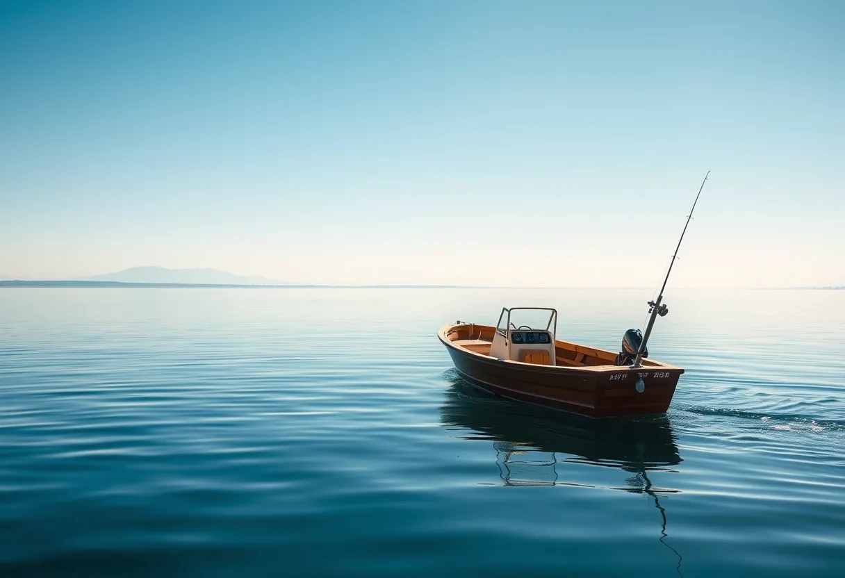 Un bateau de pêche flottant sur un lac calme, prêt à recevoir une prochaine prise.
