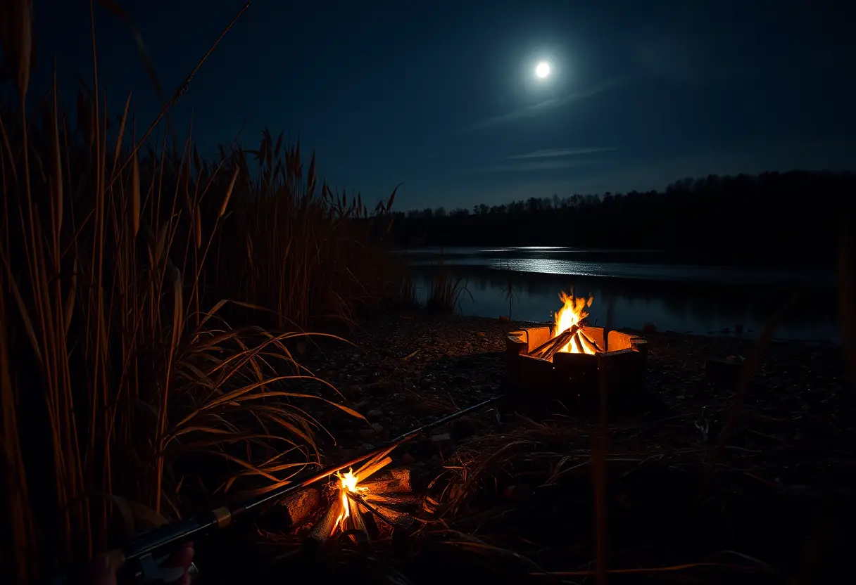 Une canne de pêche posée près d'un petit feu de camp dans un lit de roseaux, pêche à la carpe