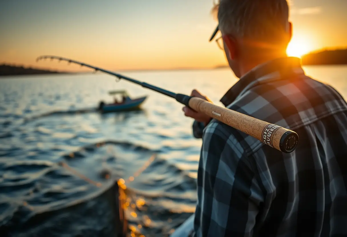 Un pêcheur observant la surface d'un lac tranquille au crépuscule, avec sa canne à pêche en arrière-plan.