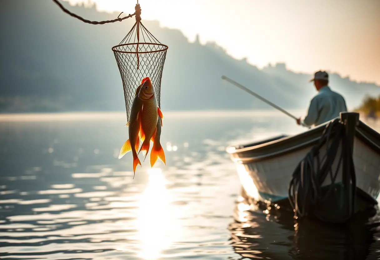 Un bateau de pêche qui tangue doucement sur un lac privé, avec un filet plein de carpes fraîchement attrapées.