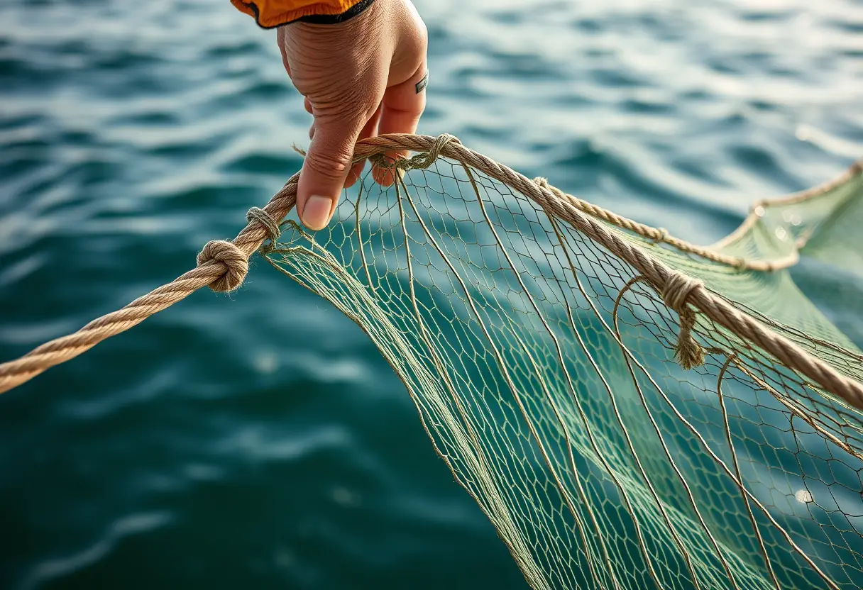 Une main tenant une section d'un filet de 50 mètres flottant dans l'eau calme