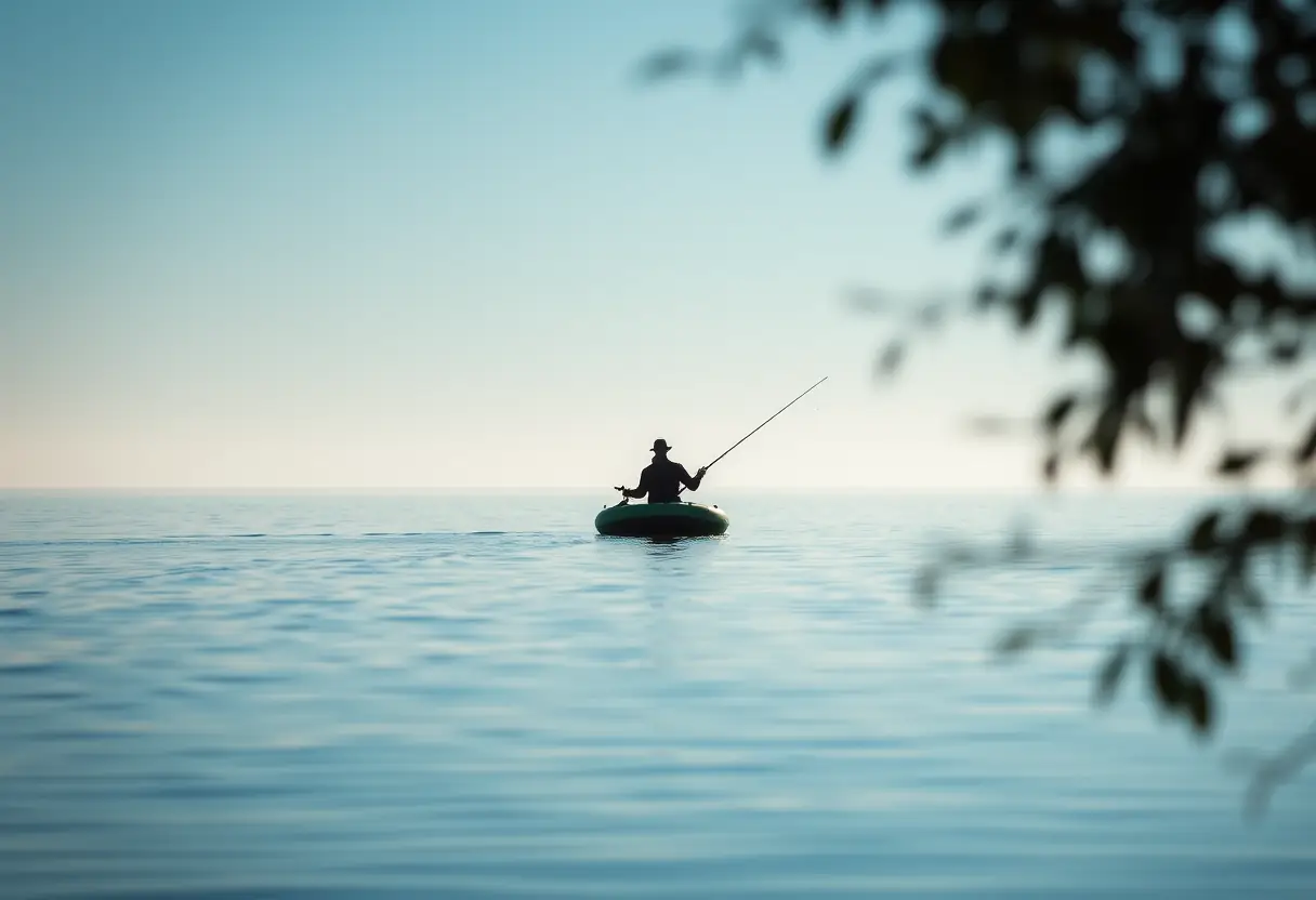 Un pêcheur se tient silhouetté sur un float tube, prêt à lancer sa canne vers l'eau paisible.