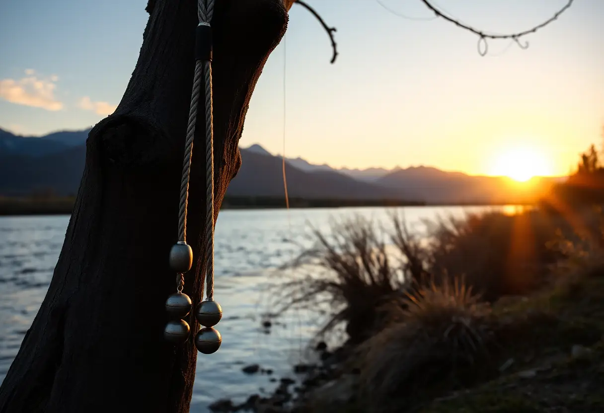 Un poste de pêche se reflète dans une rivière sous le crépuscule