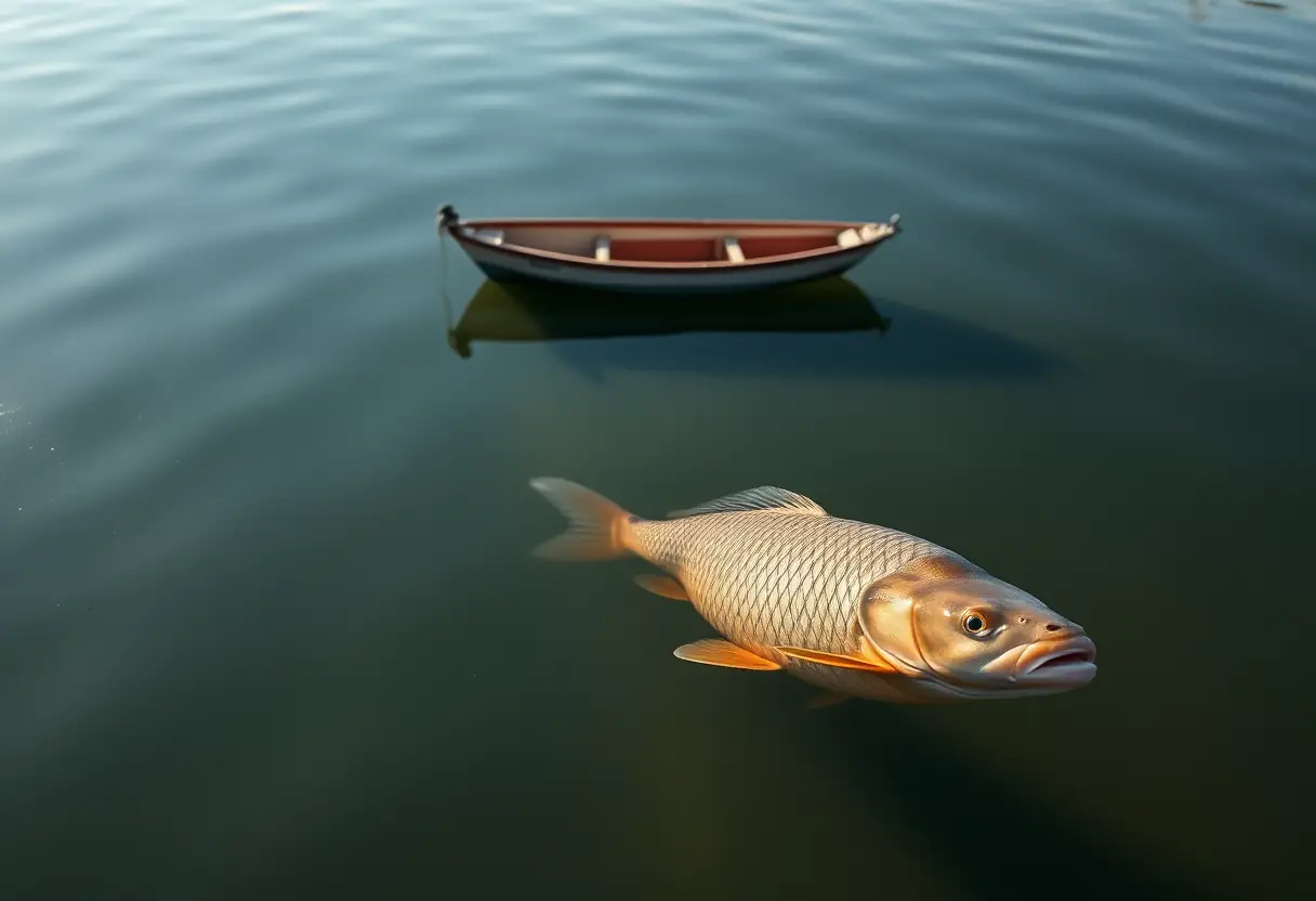 Carpe flottant près de la surface d'un lac calme