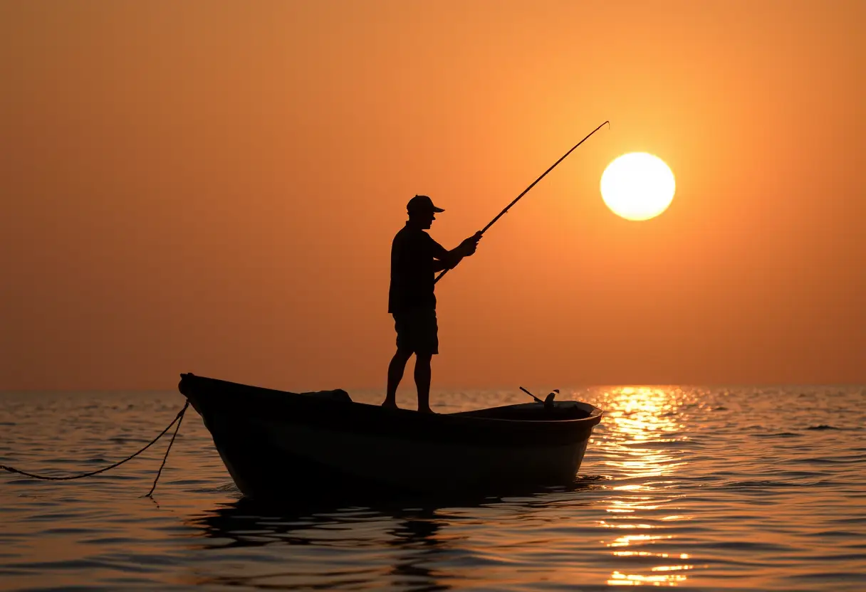 Le silhouetté d'un pêcheur sur le pont d'un bateau à l'heure du coucher du soleil dans un estuaire.