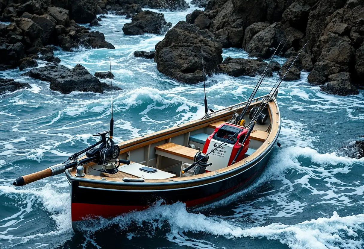Un bateau avec cannes et moulinets navigue près d'un littoral rocheux, sans texte, sans écriture, photographie éditoriale, lumière naturelle