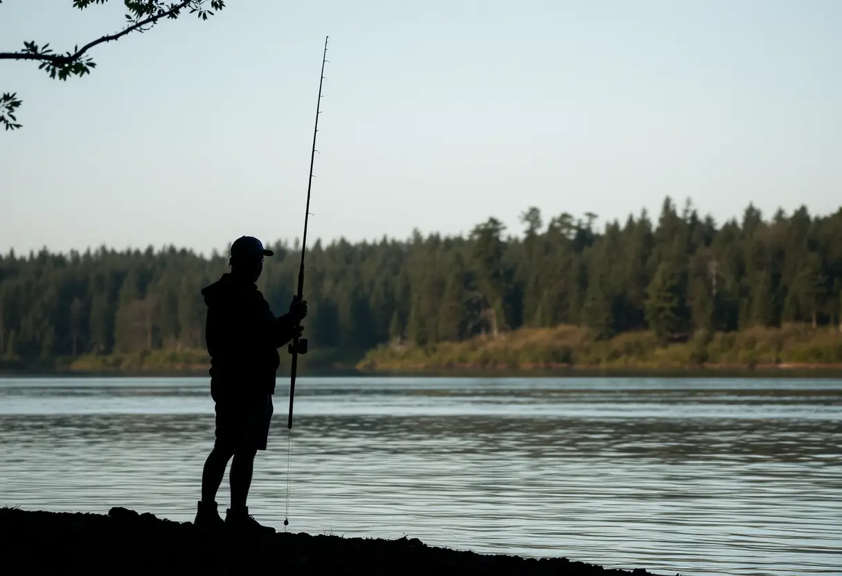 La silhouette d'un pêcheur debout sur la rive avec son bâton de pêche