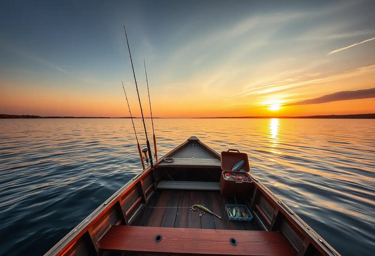 Un bateau de pêche sur un lac au coucher du soleil, avec des cannes à pêche et une caisse à outils remplie de leurres