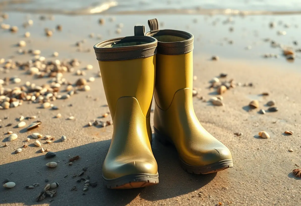 Des bottes de caoutchouc étanches abandonnées sur la plage de l'île de Ré.
