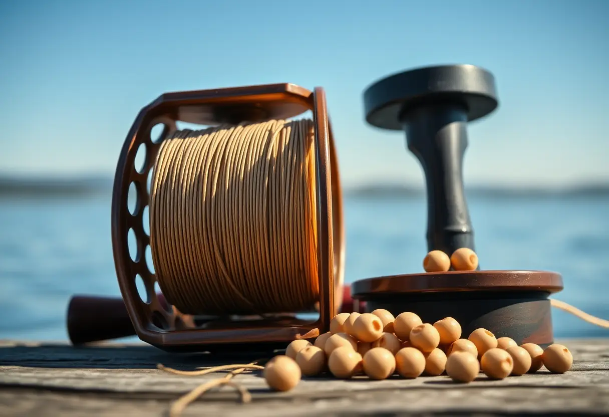 Un moulinet à côté d'appâts pour la pêche à la carpe