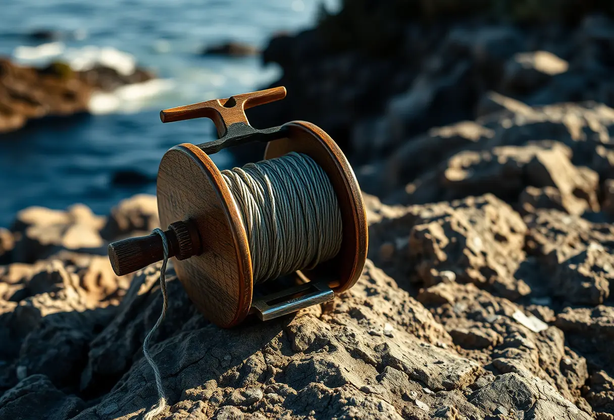 Récupérateur de ligne posé sur un rocher près de la mer