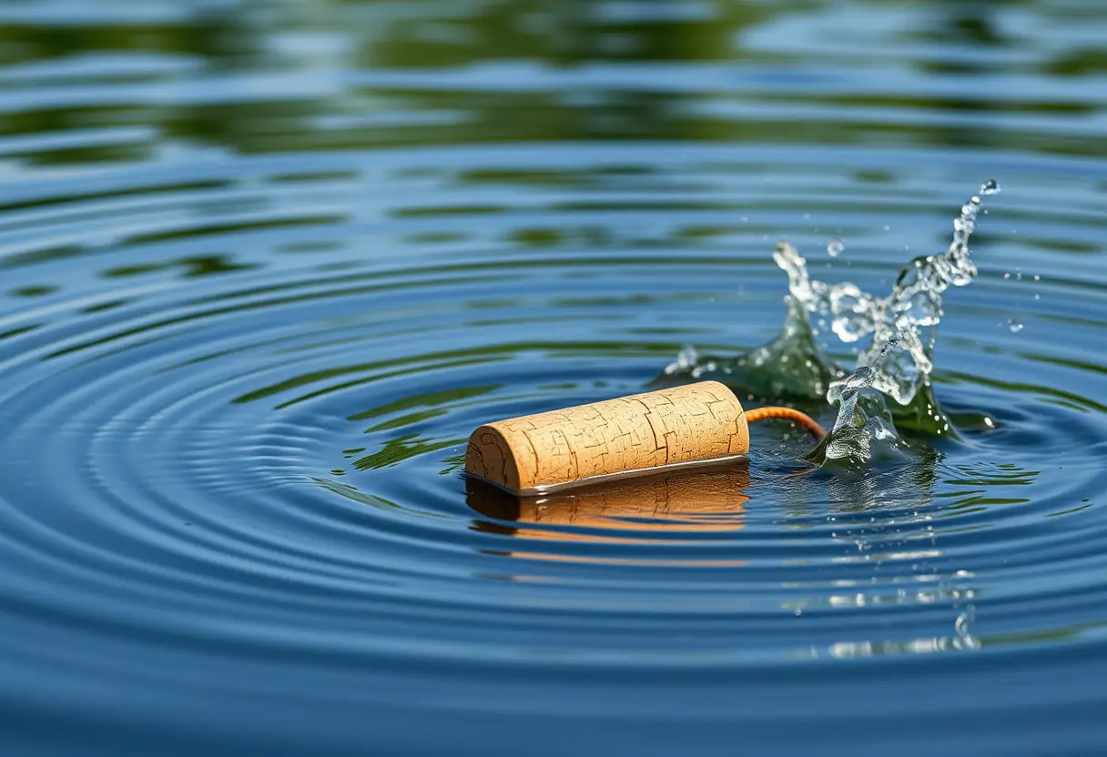 Un moulinet repose sur la surface d'un lac calme, perturbé par des vagues provenant d'un plongeon.