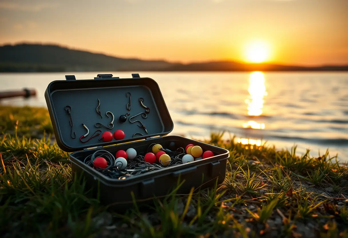 Une boîte à appâts sur un bord de lac au coucher du soleil
