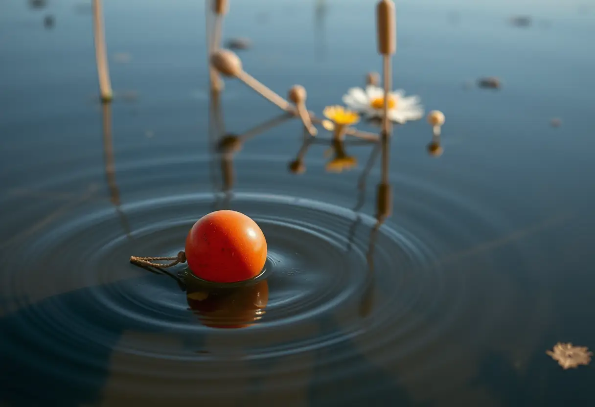 Un bouchon flottant sur une surface d'eau calme d'un lac, avec des roseaux et des fleurs sauvages en arrière-plan.