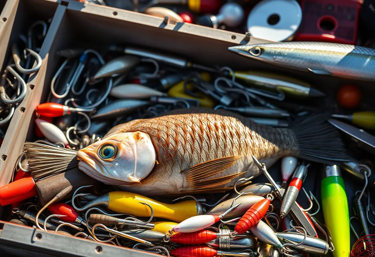 Un coffre à outils bien garni contenant un foie de volaille et divers hameçons pour la pêche du silure